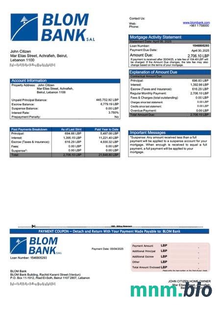 Liban BLOM Bank wyciąg z kredytu hipotecznego szablon Word i PDF